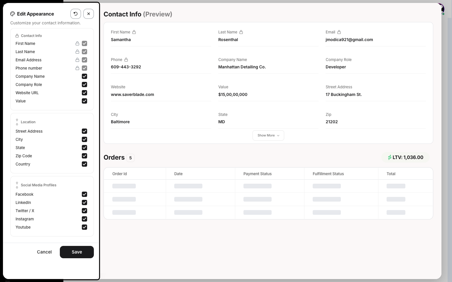 Step 10: Click the Edit button, and a new pop-up will appear. You can customize your contact information on the left side and view the preview on the right side.
