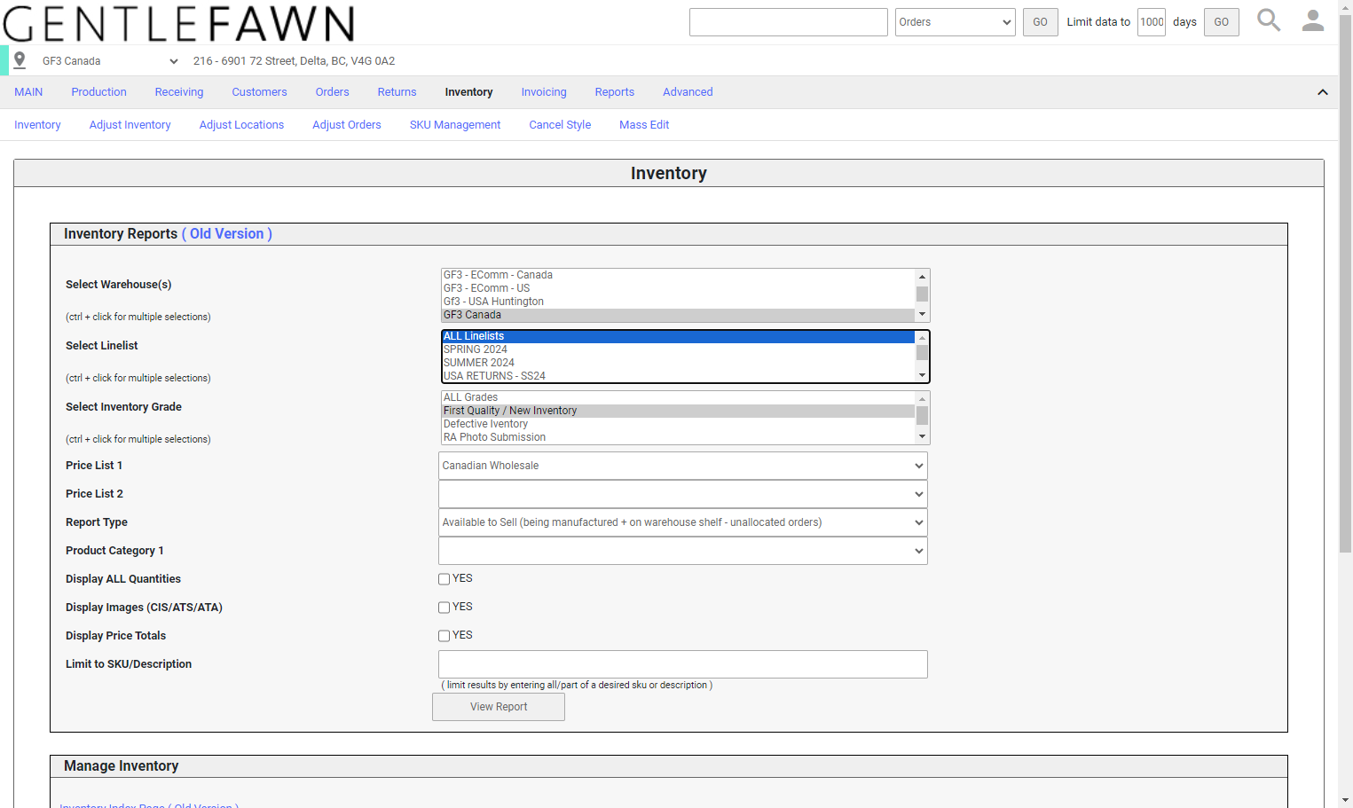 Select the data as follows Select Line list: ALL Line list Report Type: Inventory Cycle Count Limit to SKU: Type the SKU number