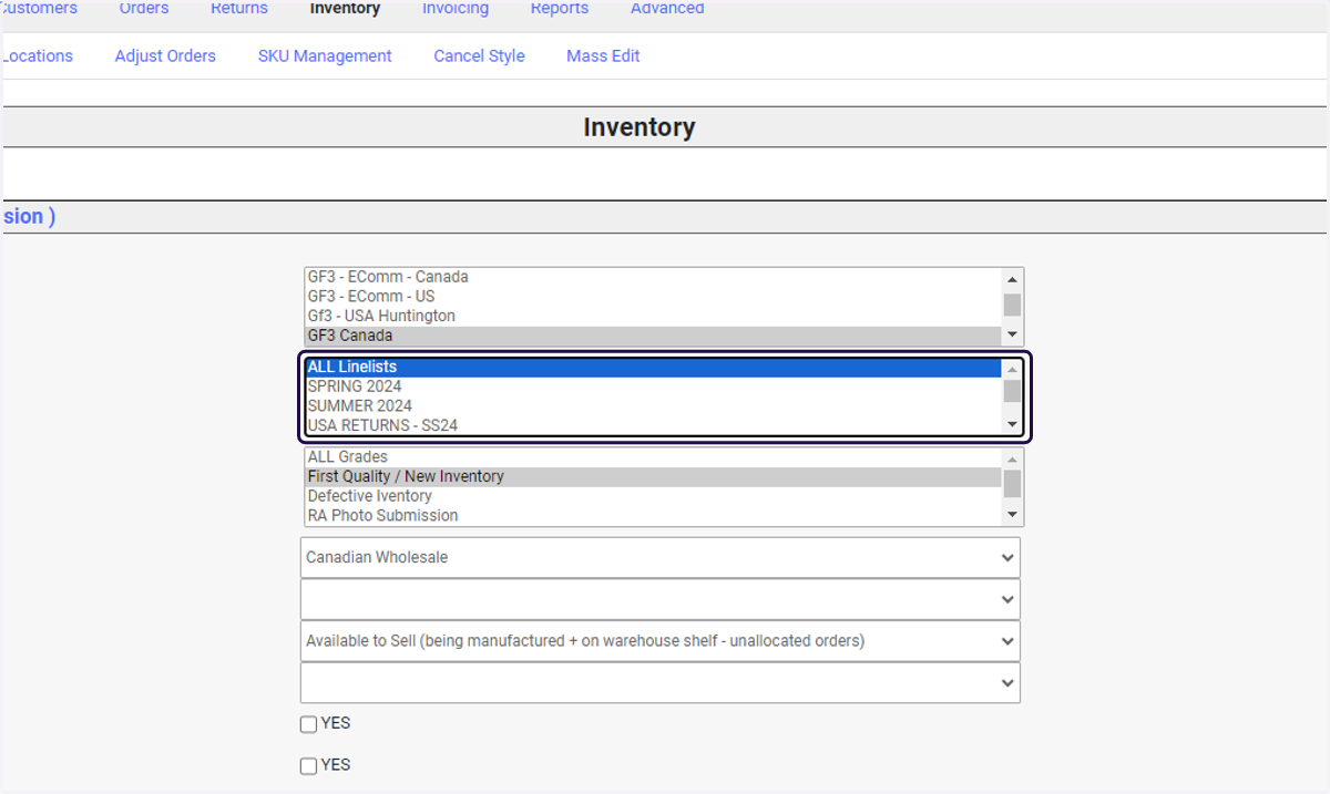 Select the data as follows Select Line list: ALL Line list Report Type: Inventory Cycle Count Limit to SKU: Type the SKU number