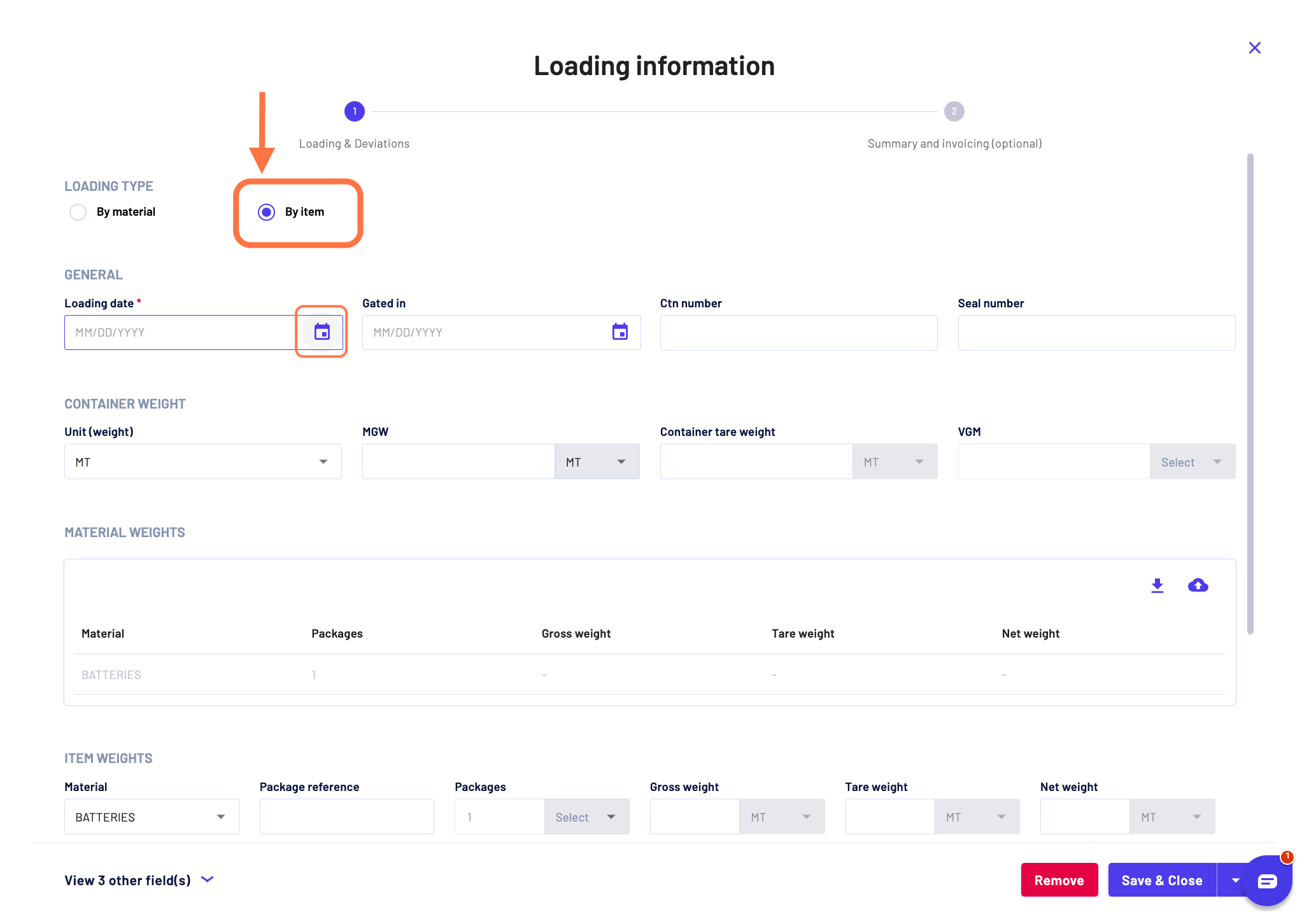 Select the loading type "By item"