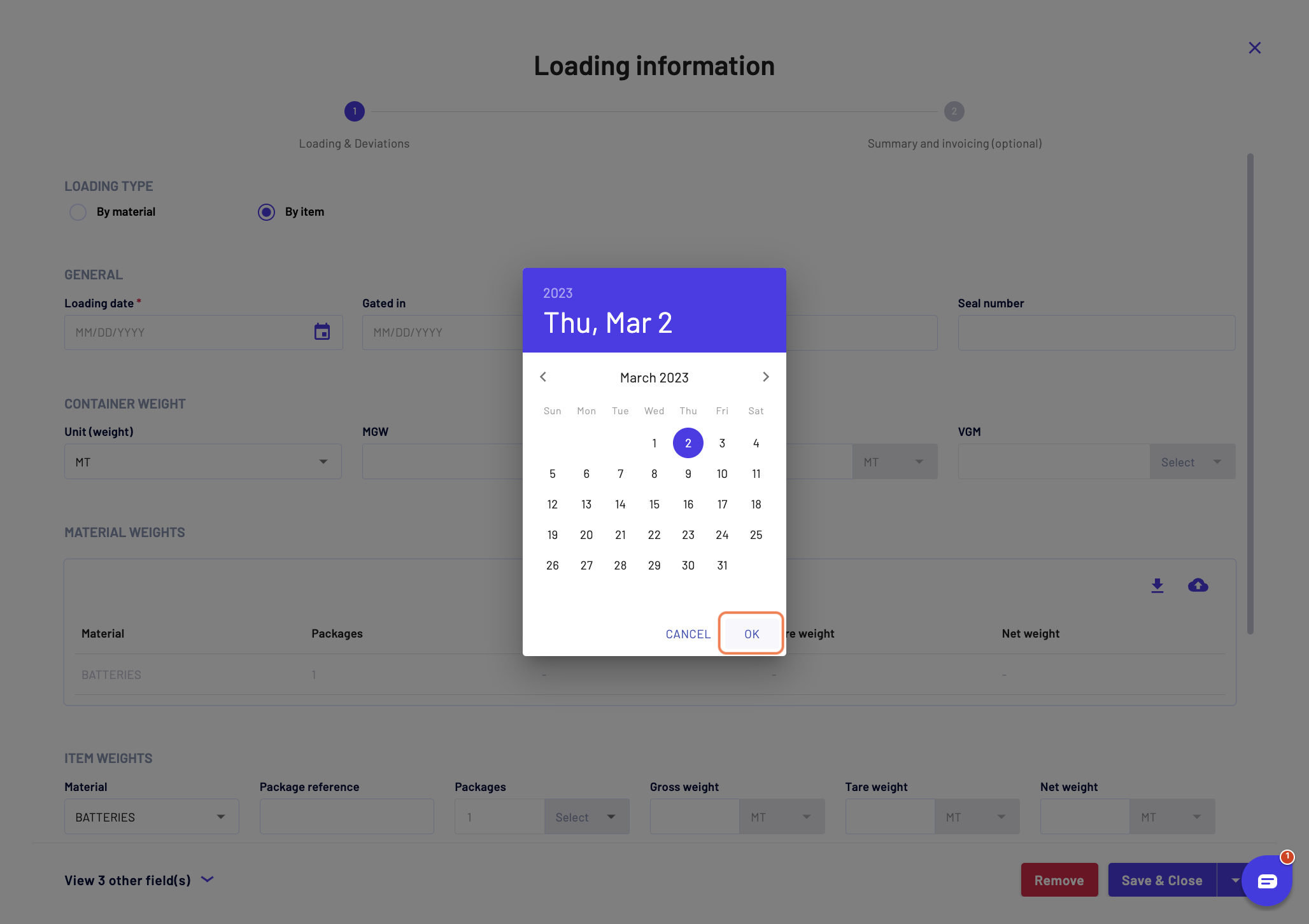 Fill in the details, starting with the "General" information, such as the loading date, gated in date, container number and seal number