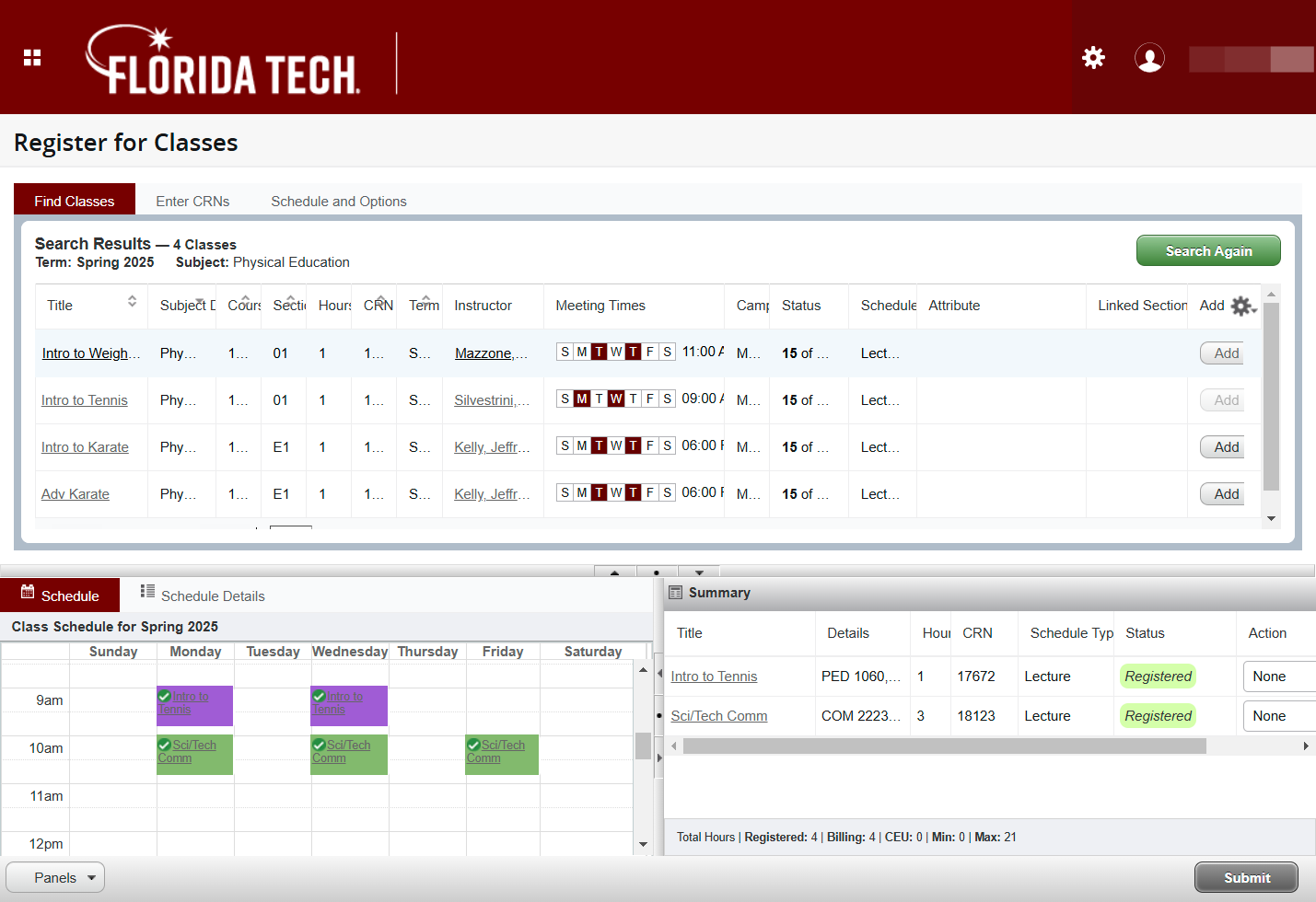When you have found the course you want to register for, select Add next to the course.