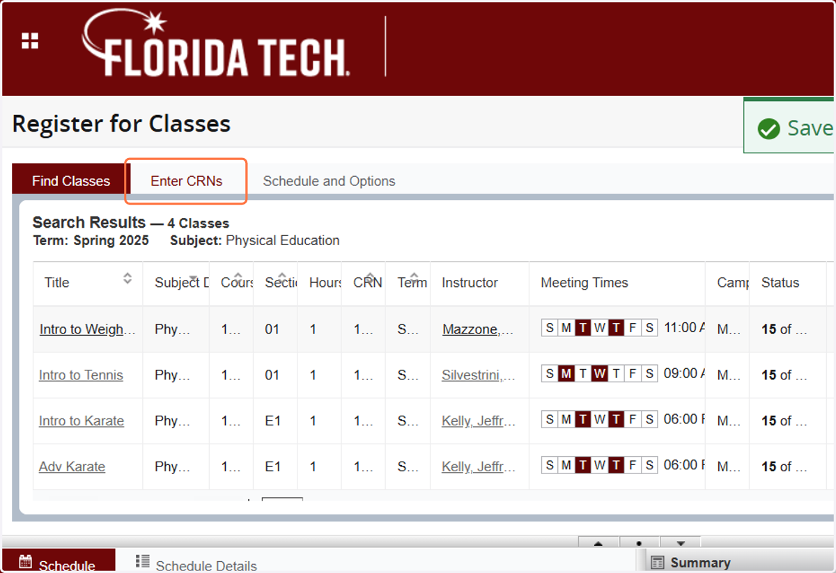 If you know the CRNs for the courses you want to register for, click on Enter CRNs