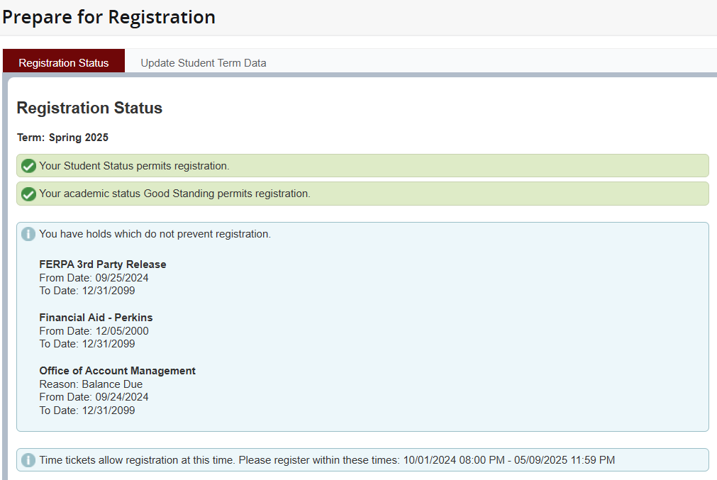 Review your Status, Holds, and Registration Time