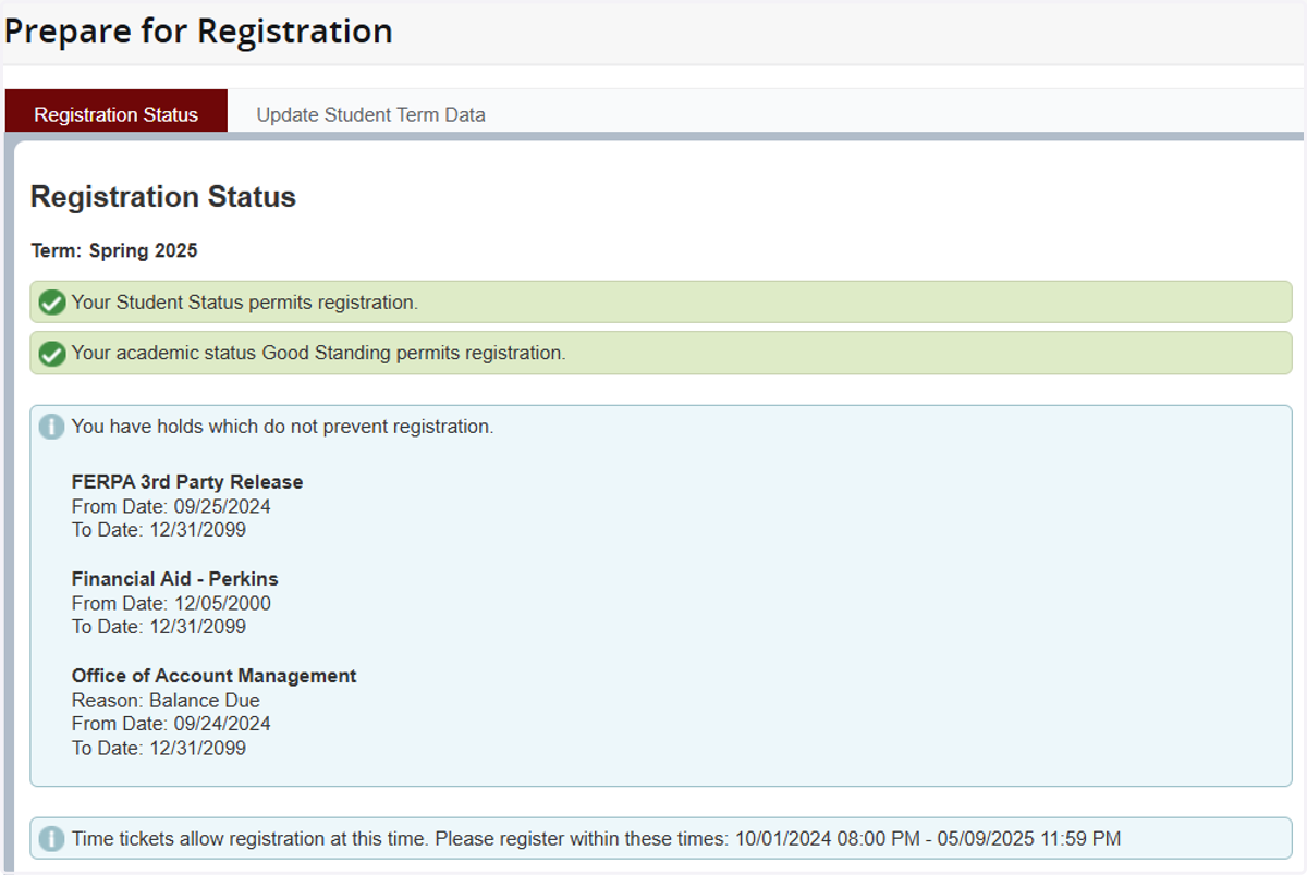 Review your Status, Holds, and Registration Time