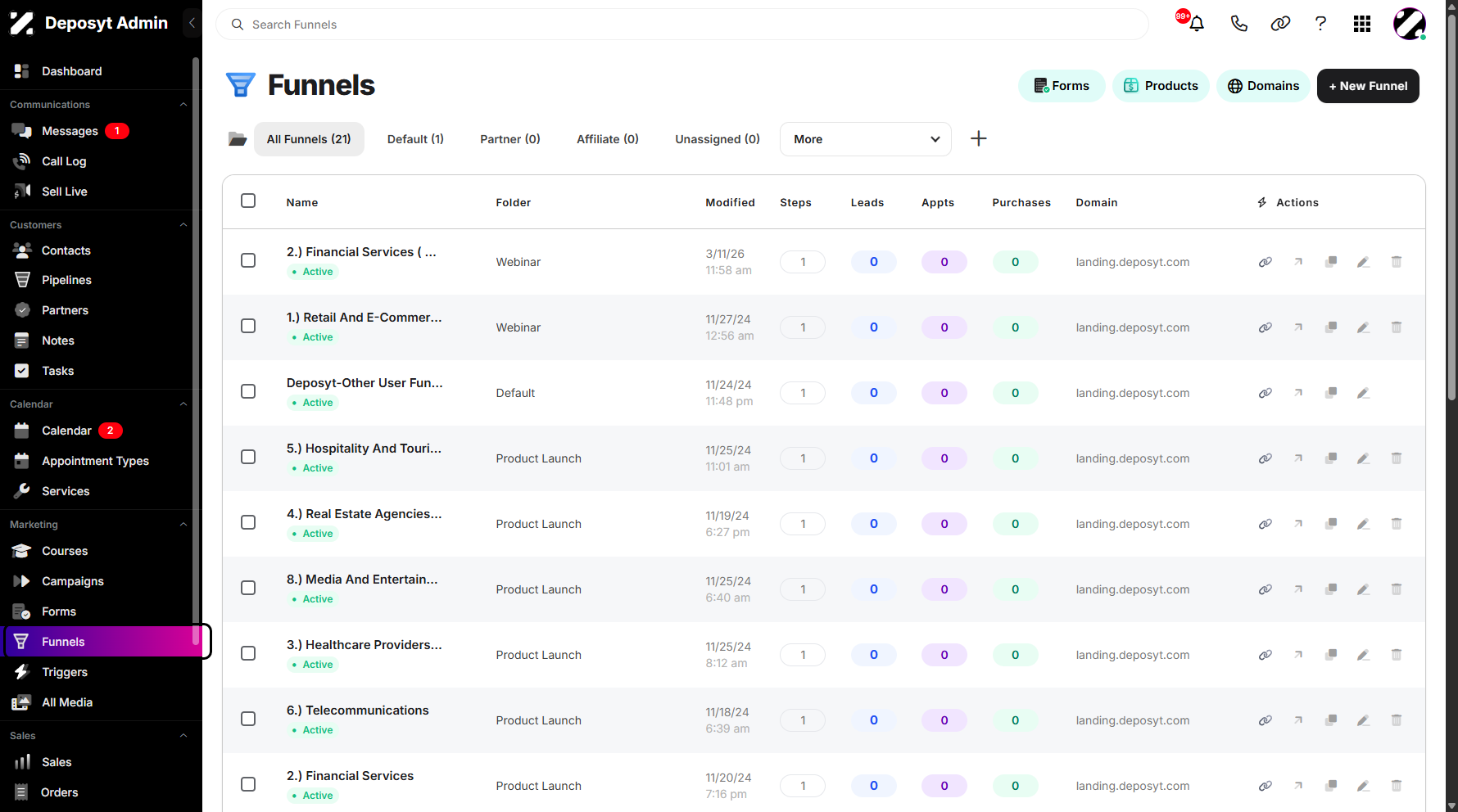 Step 1: On your Dashboard, navigate to the Funnels tab under the Marketing section.
