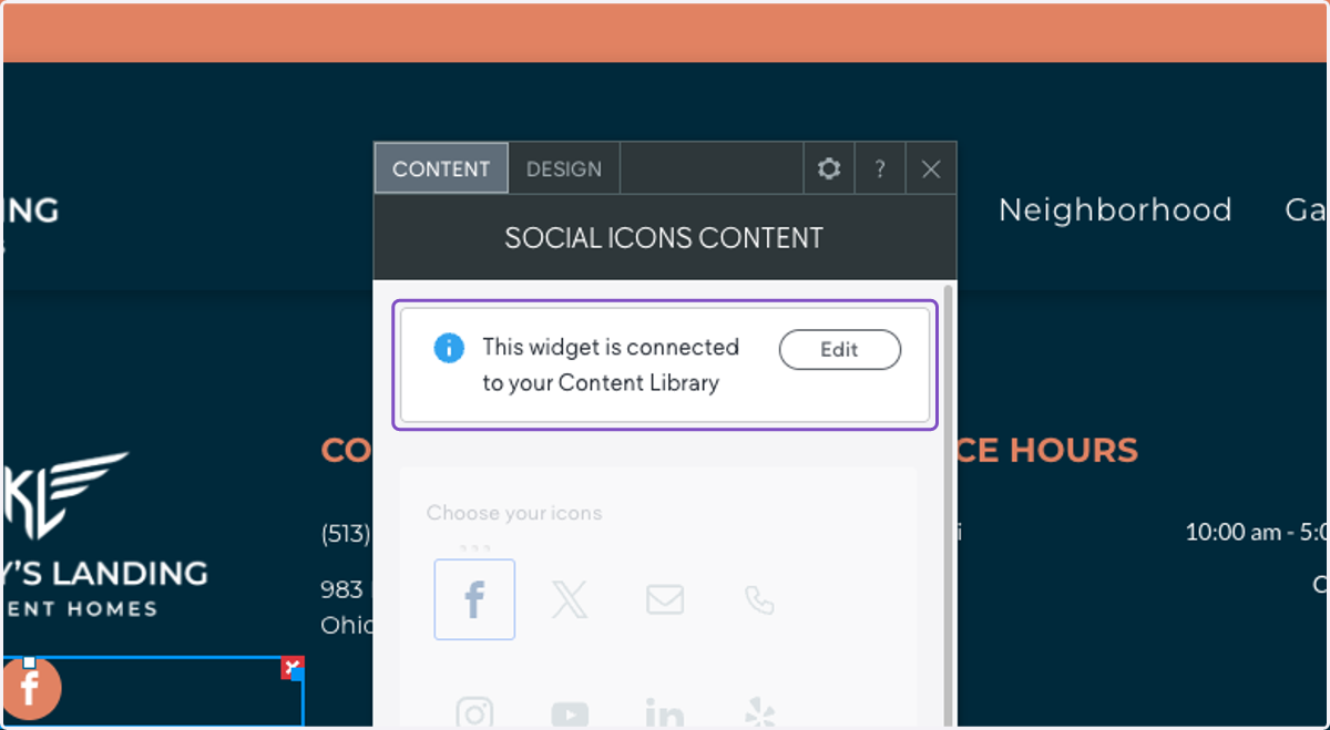 Now the page will reload, and when you click on the social icons widget this time, it will show you a box that says the widget is connected to data