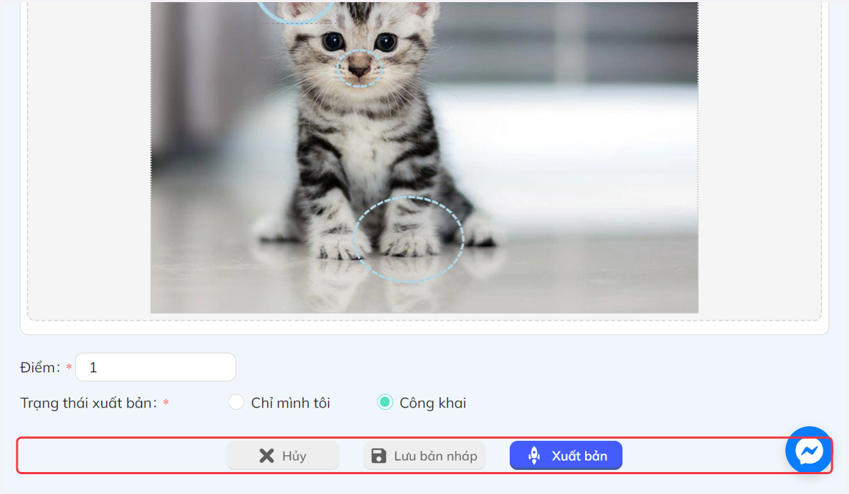 Chọn "Hủy" hoặc "Lưu bản nháp" hoặc "Xuất bản" để cập nhật trạng thái cho câu hỏi