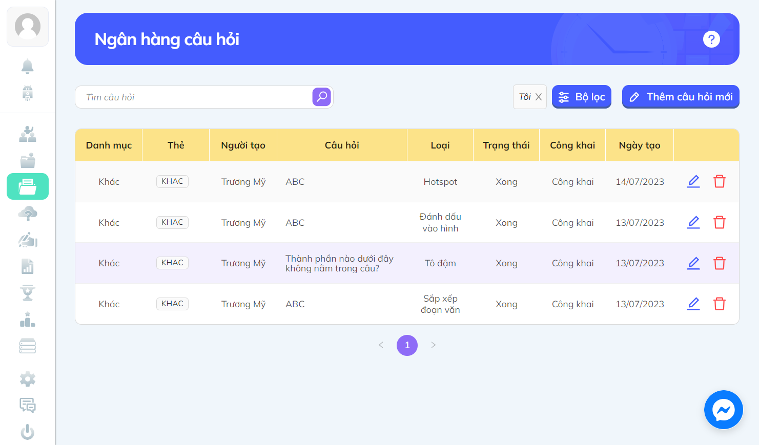 Nhấn chọn biểu tượng cây bút để chỉnh sửa câu hỏi hoặc biểu tượng thùng rác để xóa câu hỏi