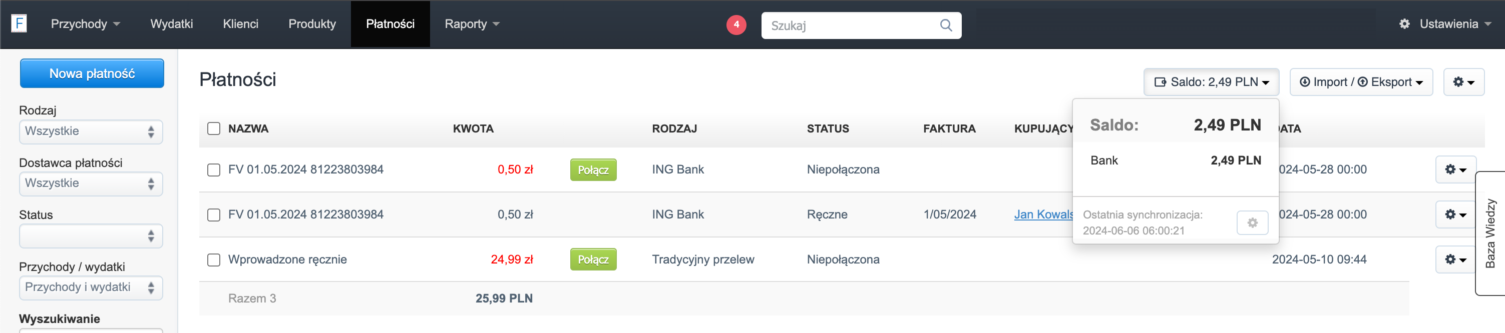 Po pomyślnym zakończeniu procesu autoryzacji, transakcje z konta bankowego będą automatycznie importowane do Fakturowni, gdzie połączą się z fakturami. Aby sprawdzić płatności oraz saldo, przejdź do zakładki Płatności i skorzystaj z opcji 'Saldo'.