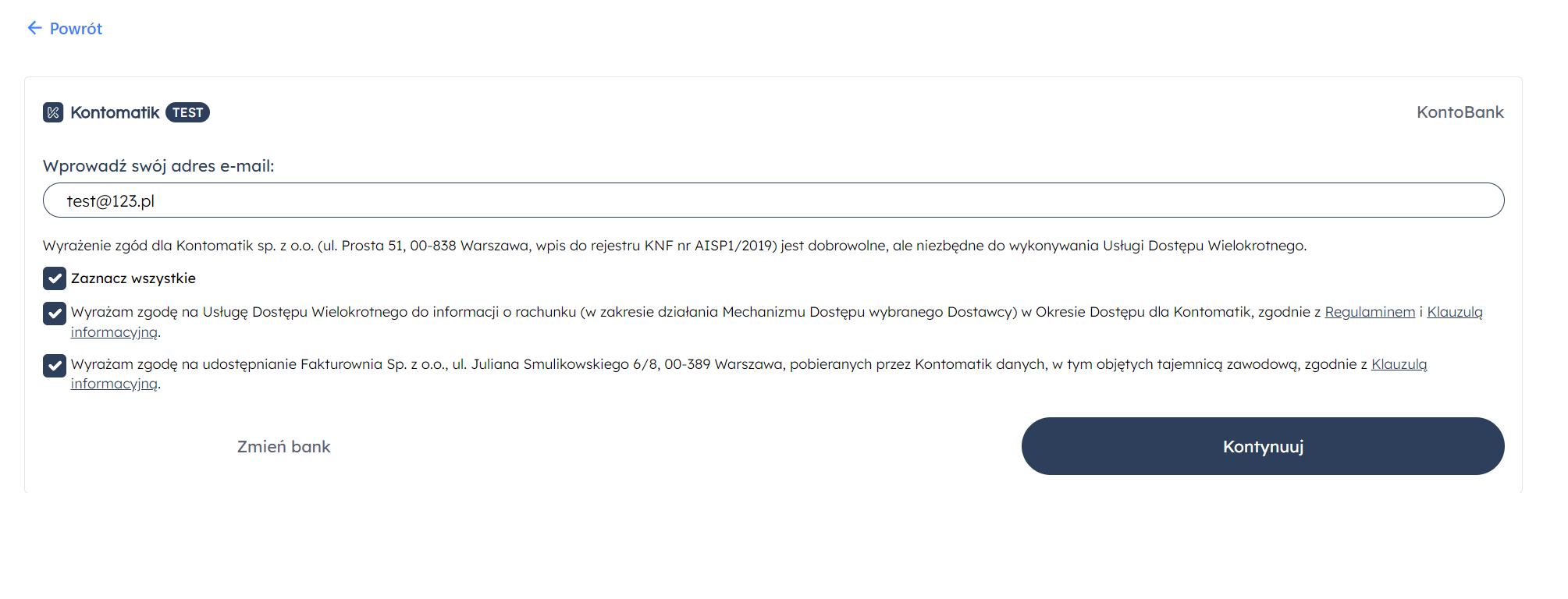 Aby przejść do kolejnego kroku konfiguracji, zatwierdź adres e-mail i zgody przyciskiem 'Kontynuuj'.