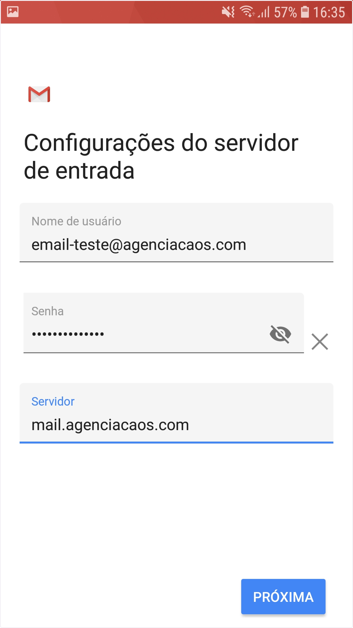 Insira os dados do seu Servidor de Entrada