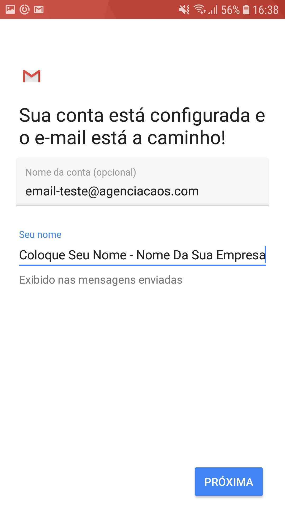 Insira o nome que deseja que seja mostrado quando você envia um email