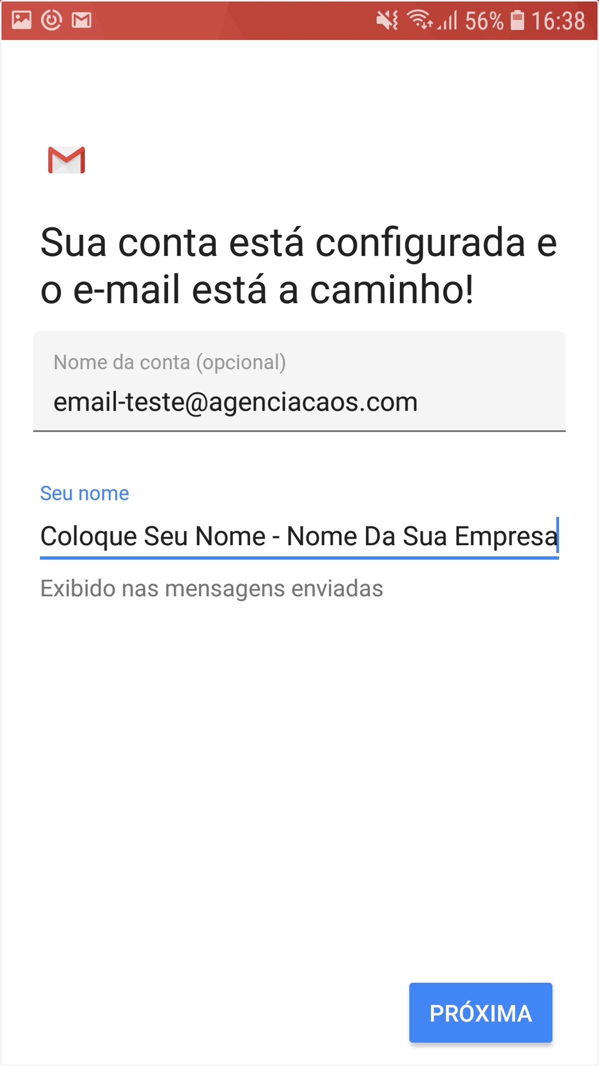 Insira o nome que deseja que seja mostrado quando você envia um email