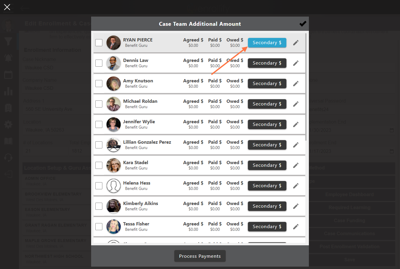 Click on 'Secondary $' next to the enroller you would like to compensate.
