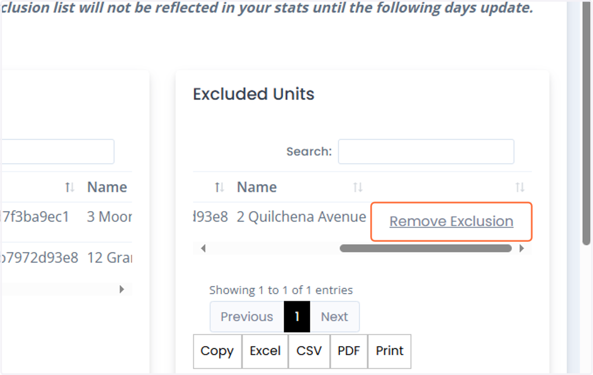 If you like to include the unit back to the LSI Insights system, you can click on the "Remove Exclusion" button on the side of each unit's name.