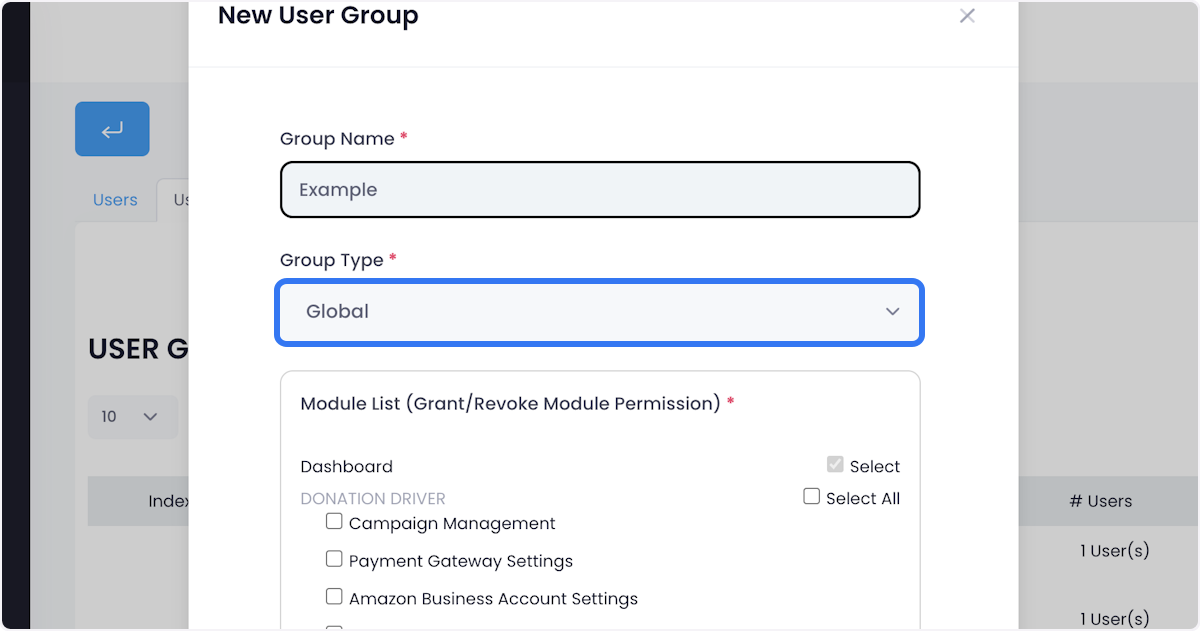 Click on Group Type to choose between Global and Donation Driver access