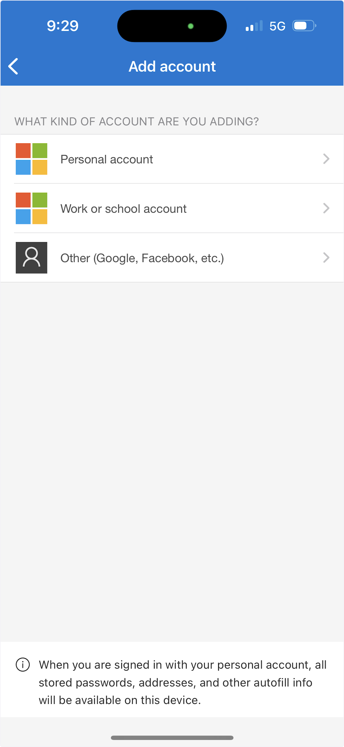 Once you tap add account, this screen pops up.  Tap Work or school account.