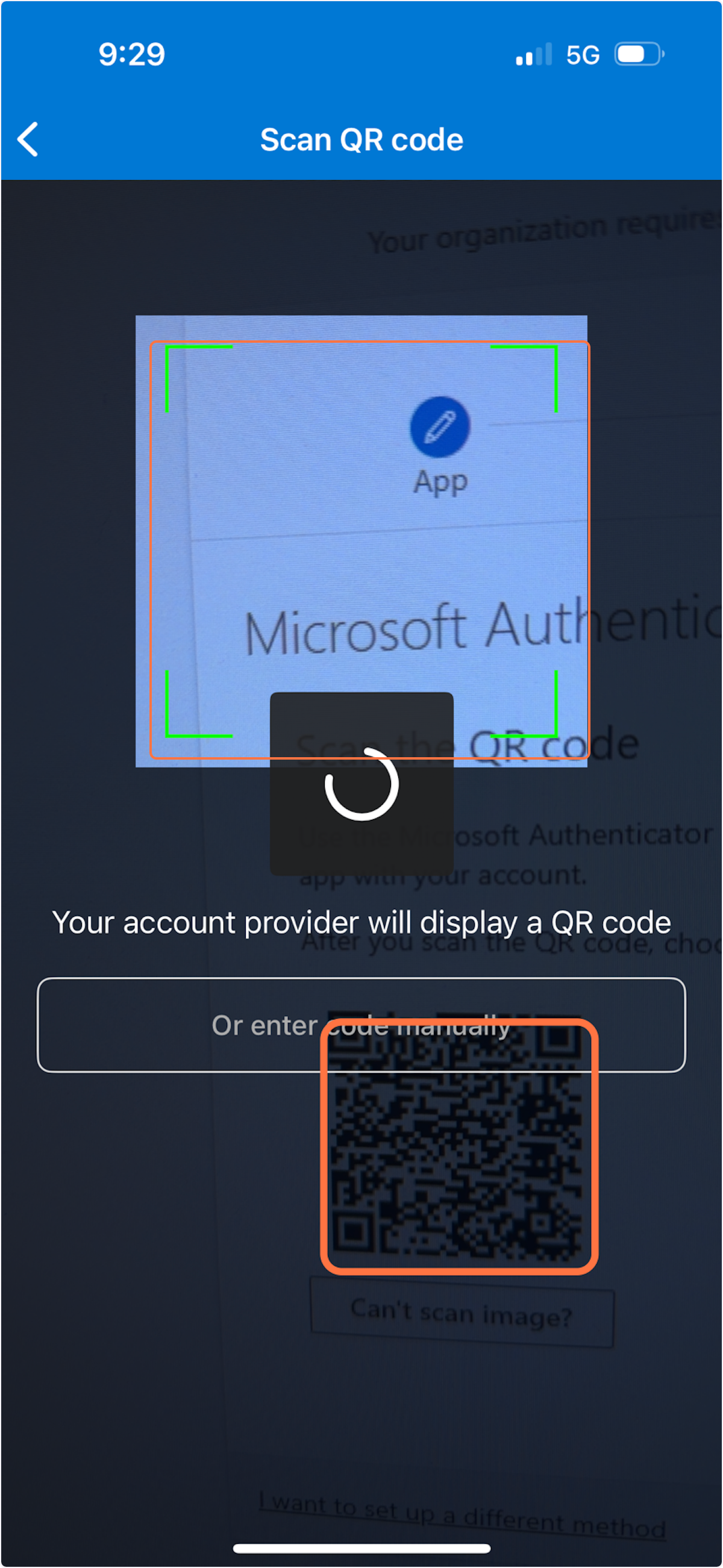 Your camera will open.  Align the box with the QR code and your account will be added automatically.