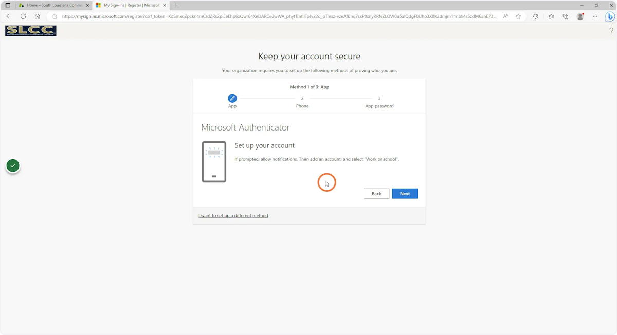 Here, it is telling you to set up your authenticator app from your phone.  Do NOT click next yet.