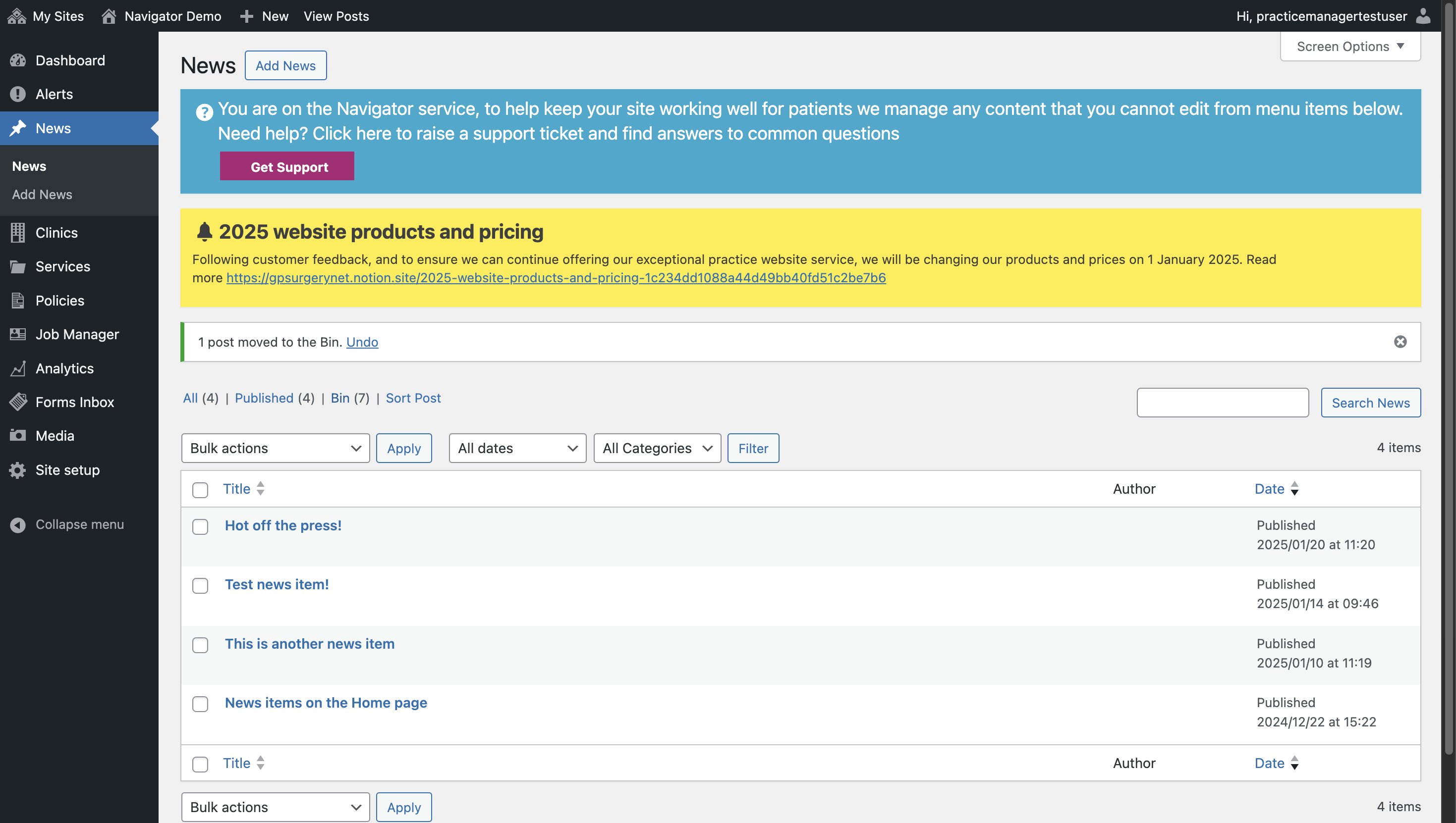 The News section of the dashboard. The 'Bin' link is selected.
