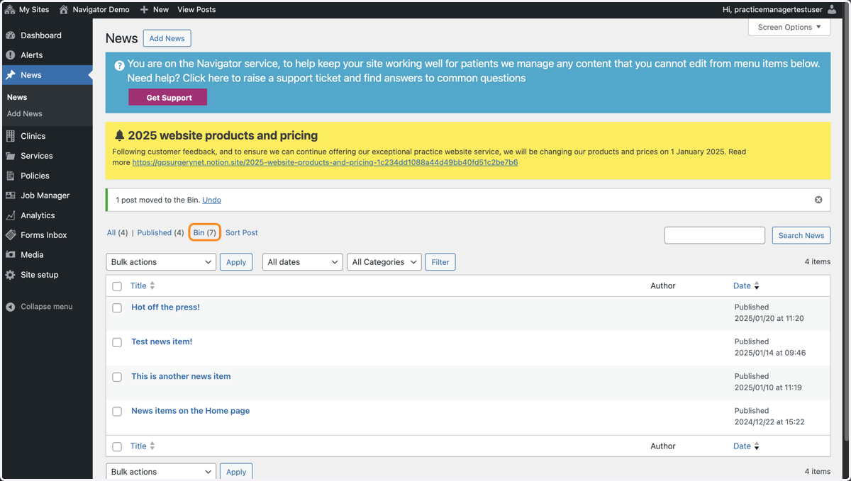 The News section of the dashboard. The 'Bin' link is selected.