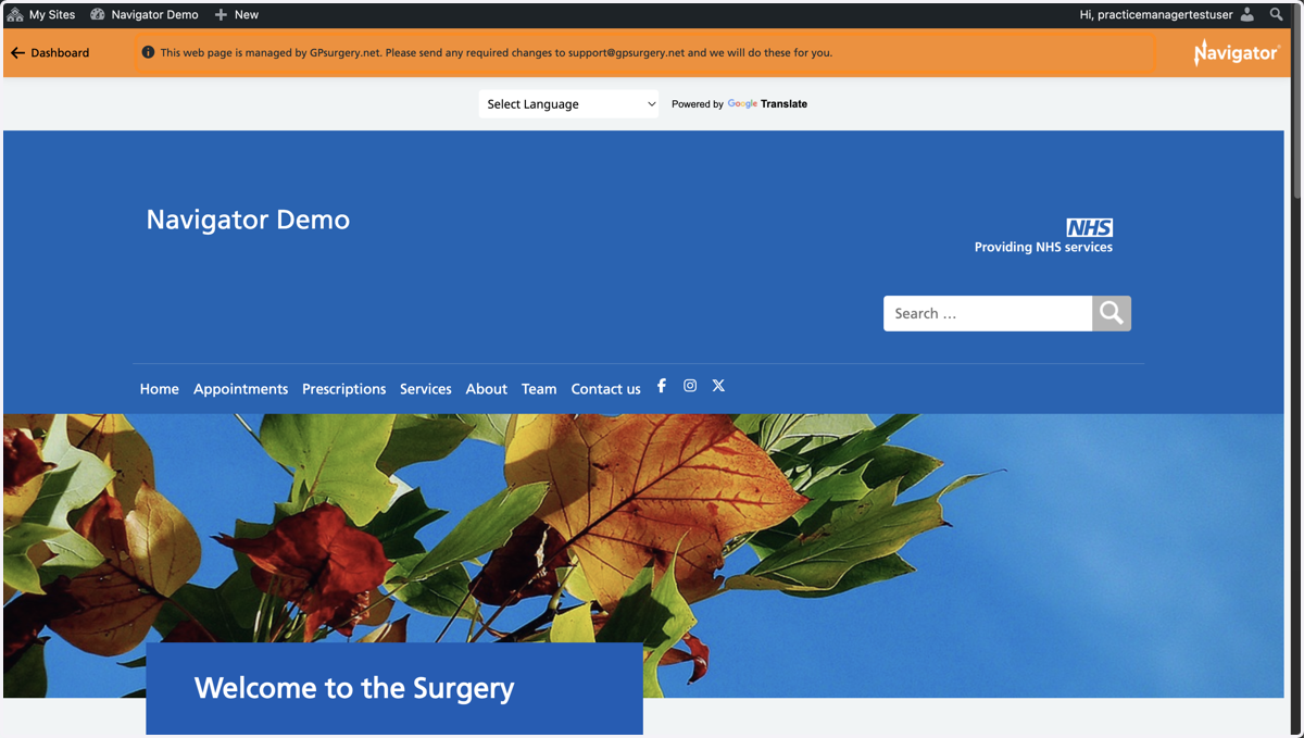 The homepage of a Navigator website with the admin toolbar and Navigator toolbar showing at the top of the page.
