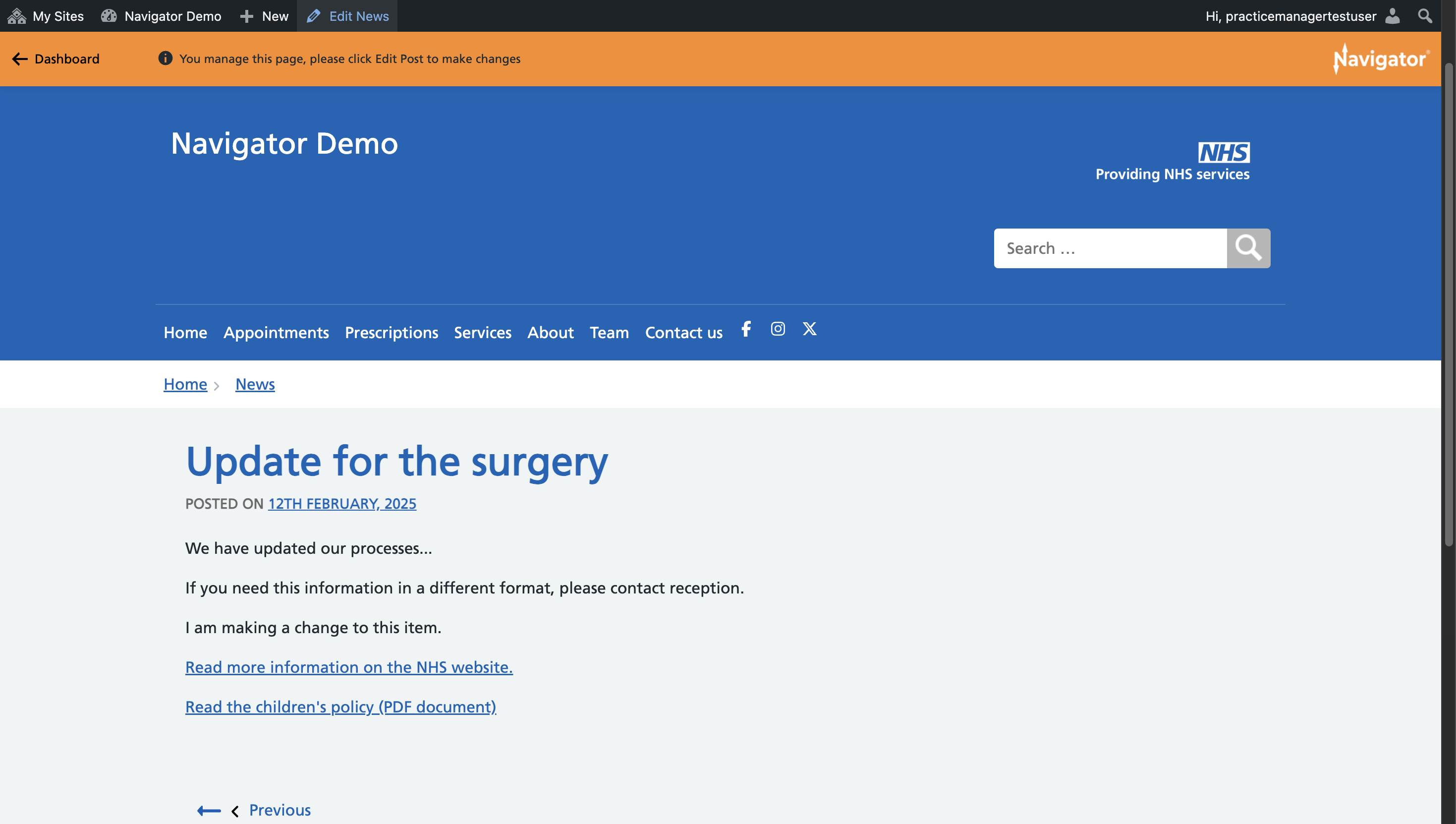 A News item, with 'Edit News' selected in the admin toolbar.