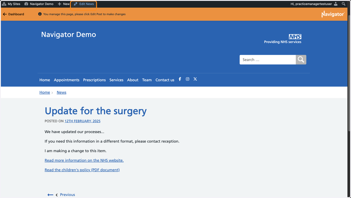 A News item, with 'Edit News' selected in the admin toolbar.