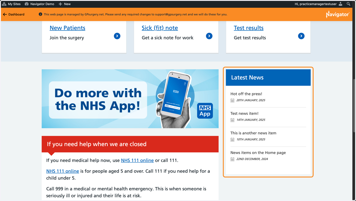 The Latest News box on the homepage, without the news item.