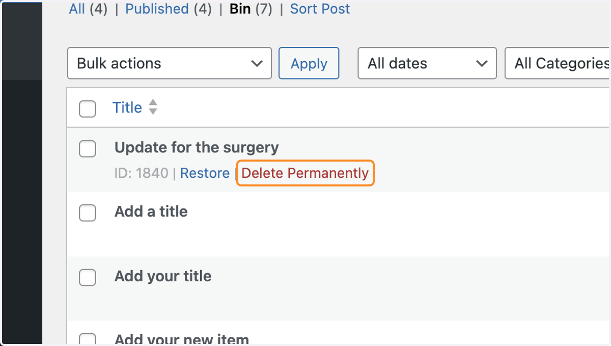 The binned news item with the 'Delete permanently' link selected.