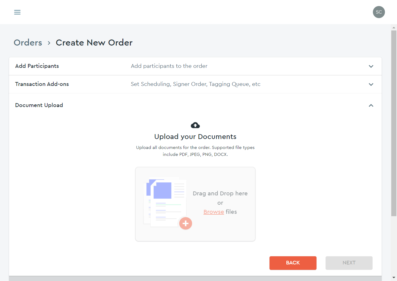 Click on "Browse files" or drag and drop the file into the darker area that you wish to have eSigned.