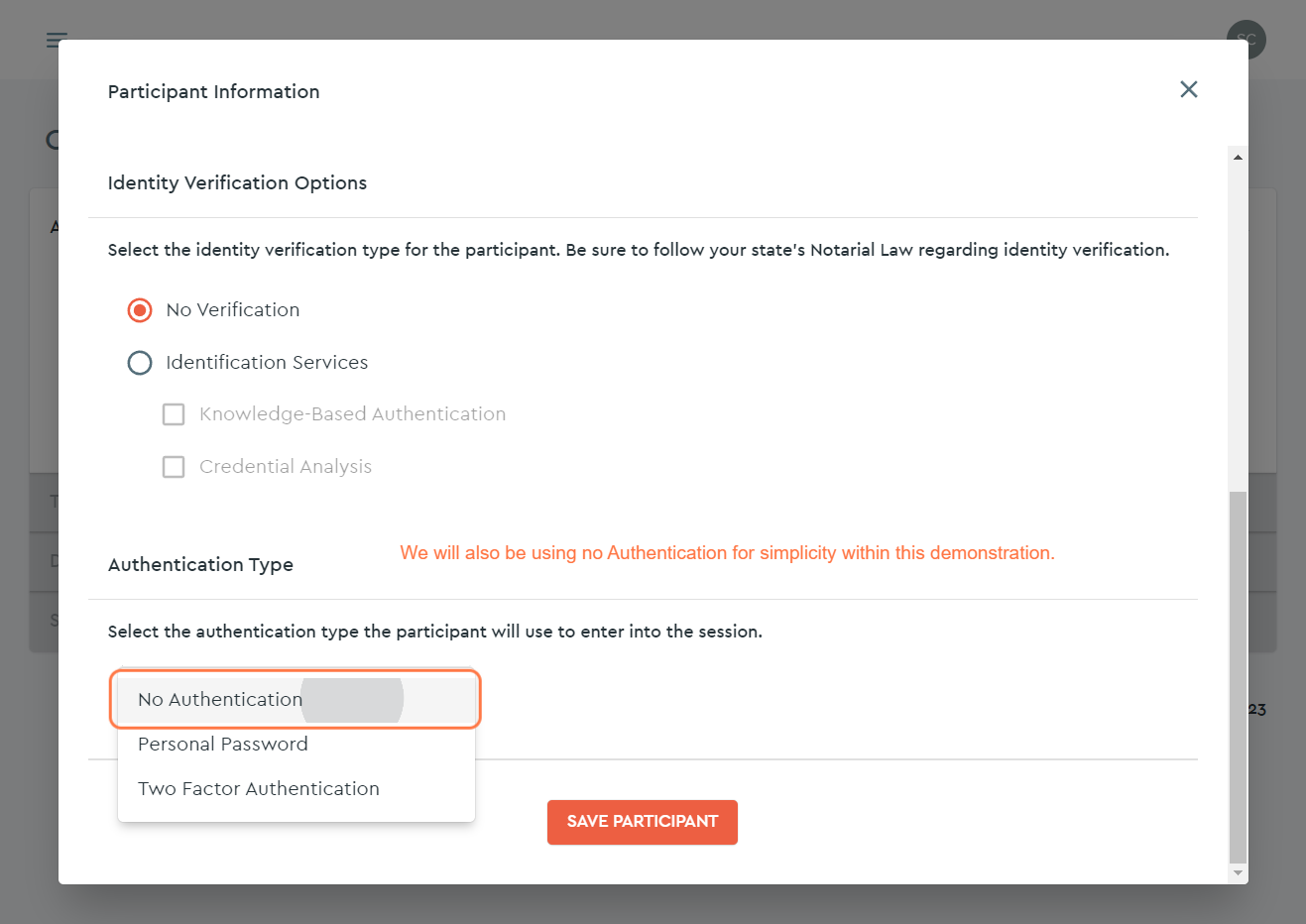 Select the appropriate Authentication Method...