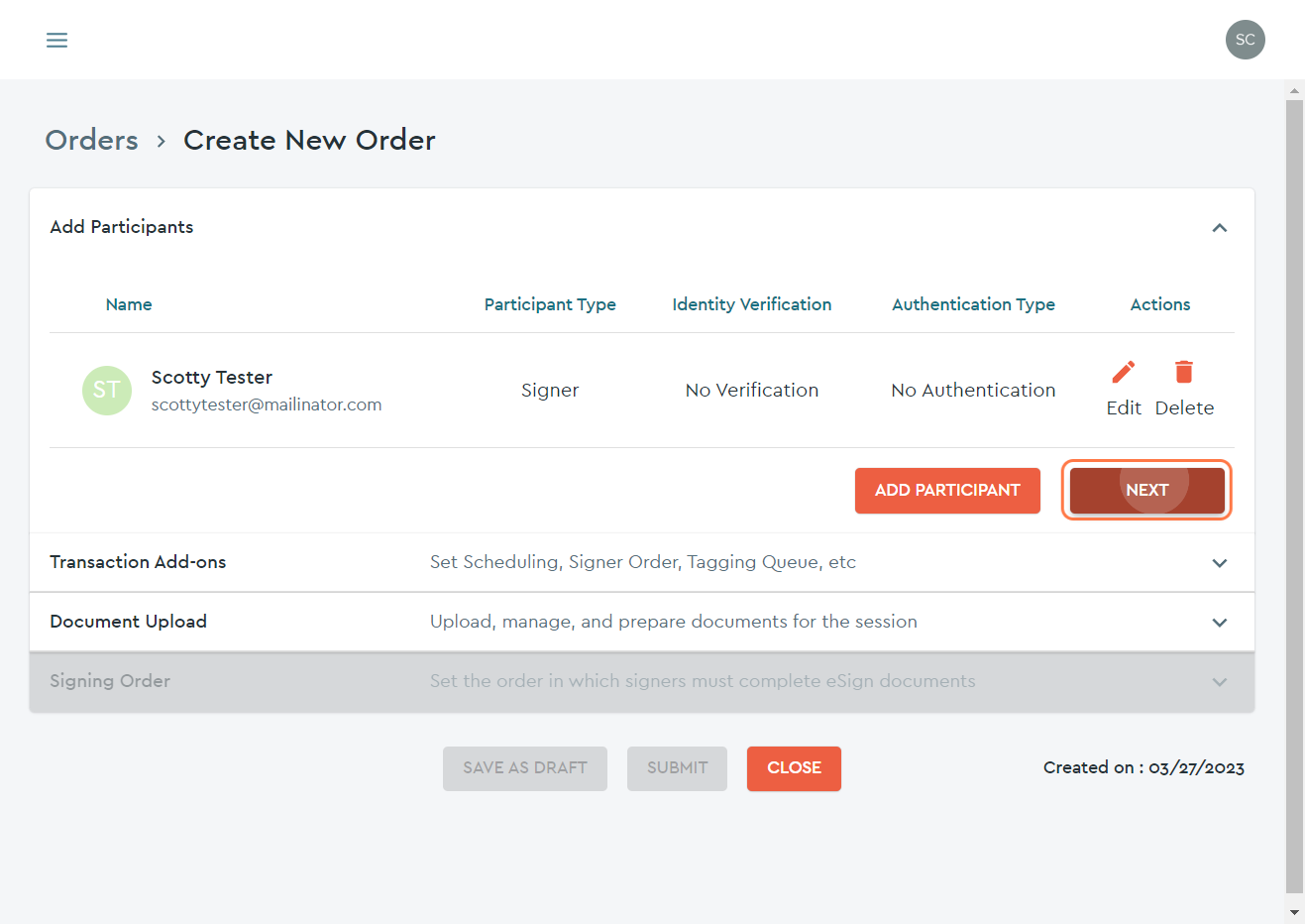 Click on the NEXT Button to move on from the "Participant" portion of the order...