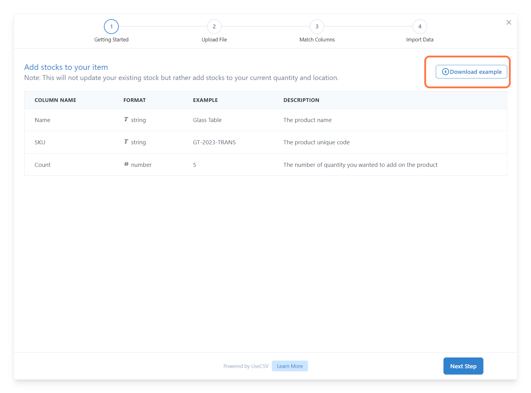 This is the detail page for adding stocks. You may also download an example in csv format for reference.