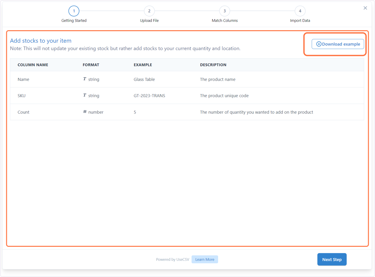 This is the detail page for adding stocks. You may also download an example in csv format for reference.