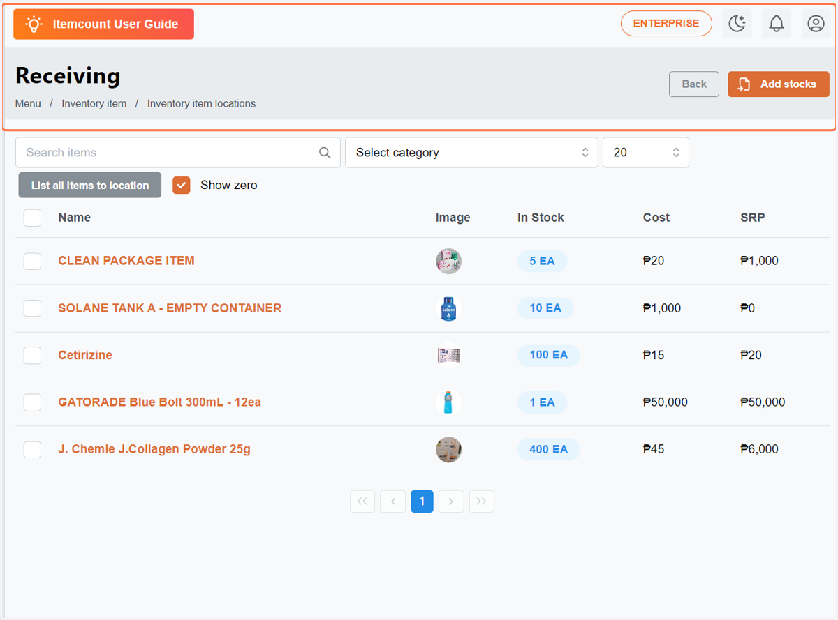 Getting back to the inventory location, you will see a "add stock" button on the right side of the top.