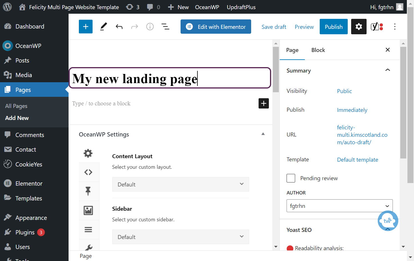 Screenshot of the user adding a title to their new page.