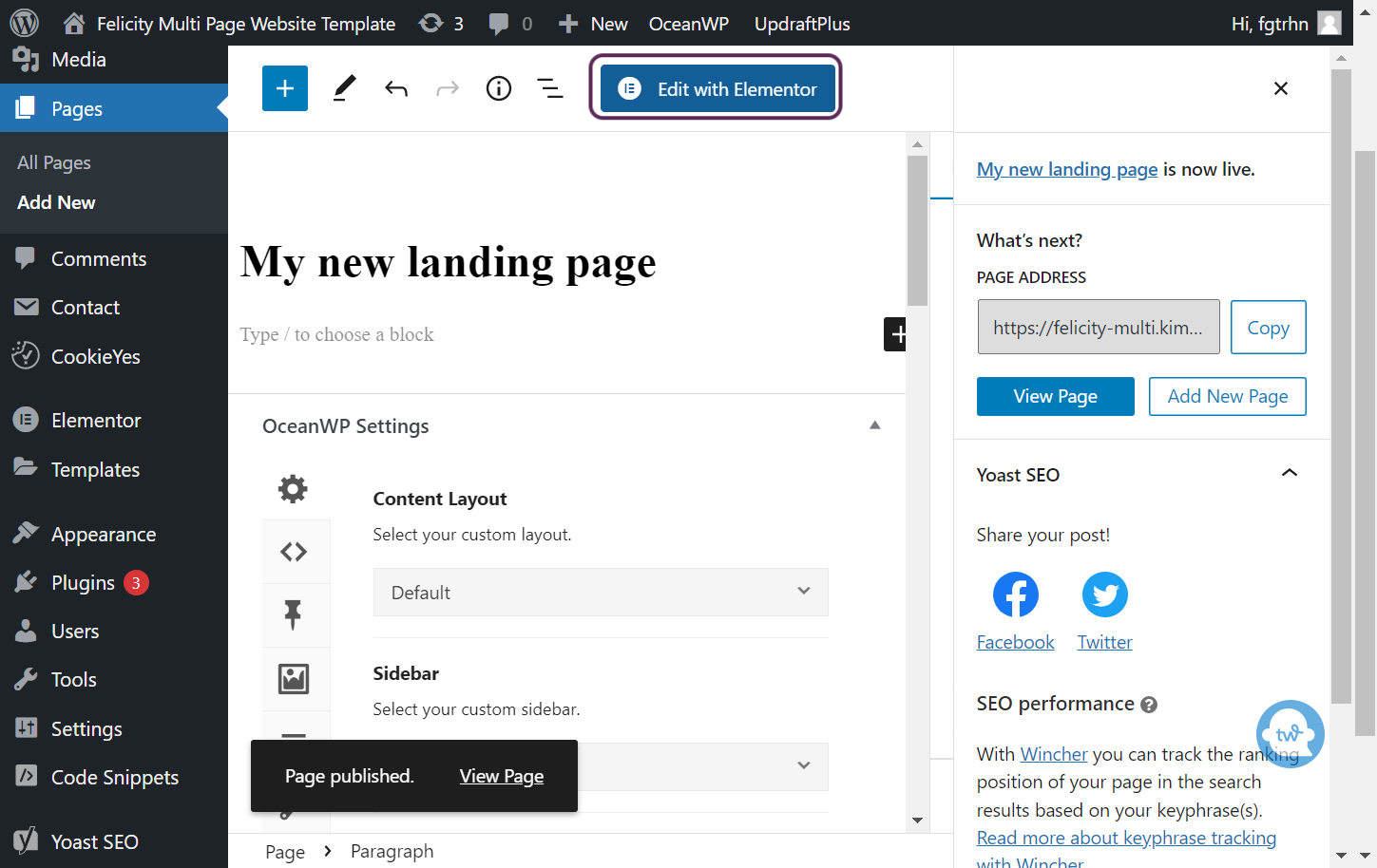 Screenshot of the user clicking the edit with elementor button.