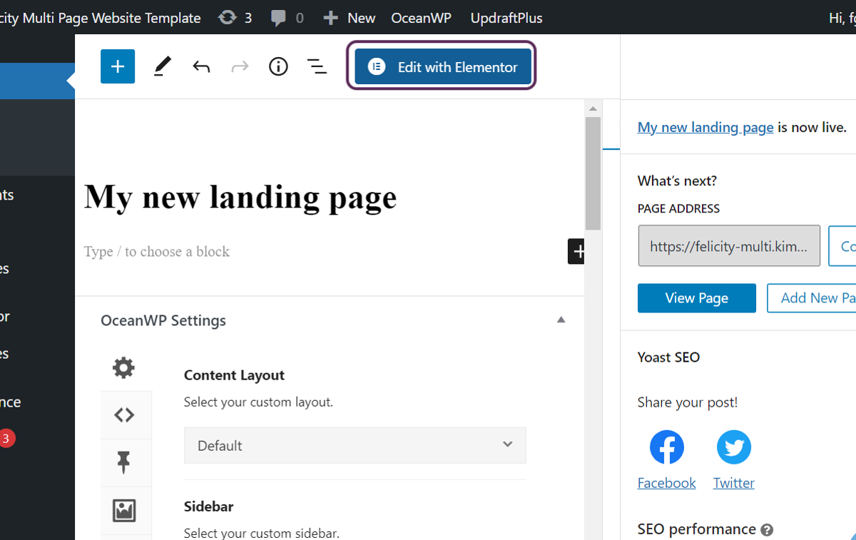 Screenshot of the user clicking the edit with elementor button.