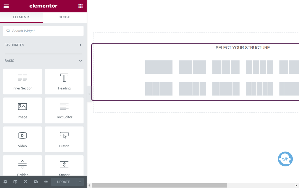 Screenshot of the user adding a new section to the Elementor editor, the website header and footer are not in view.