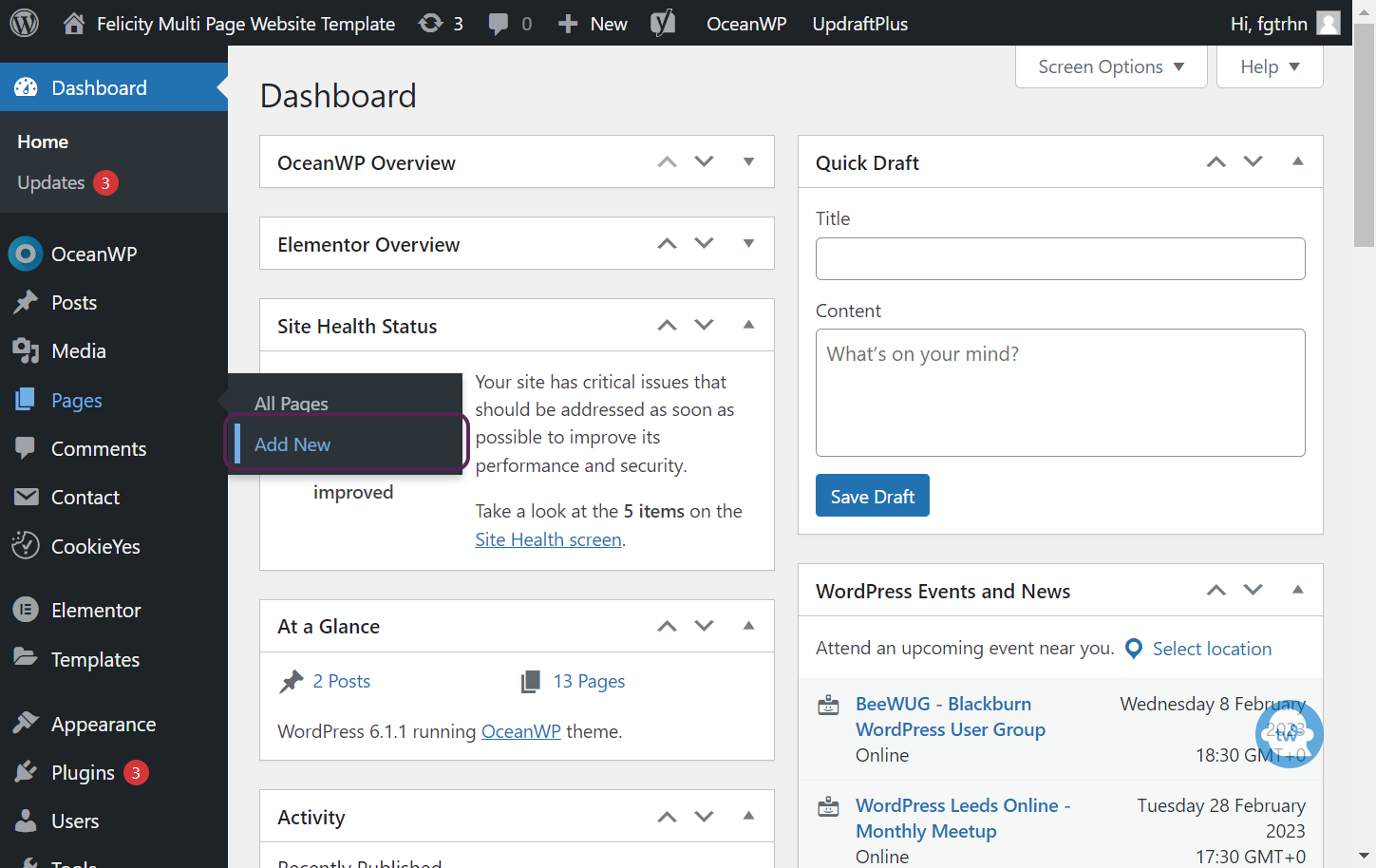 Screenshot of the user hovering over the pages option and clicking the add new option.