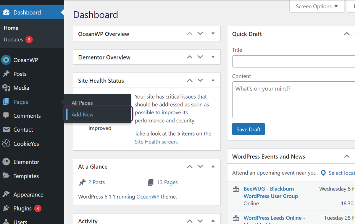 Screenshot of the user hovering over the pages option and clicking the add new option.