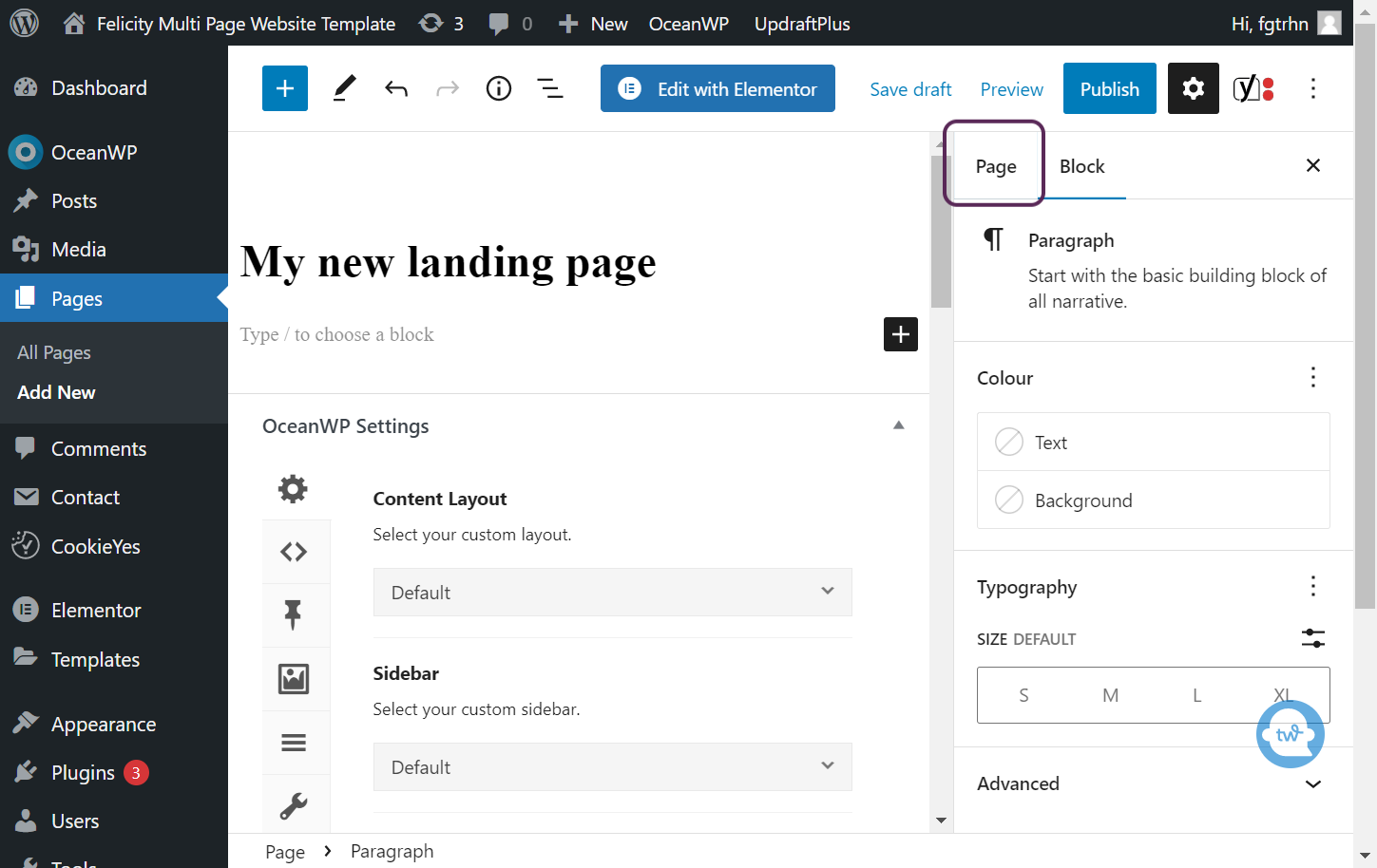 Screenshot of the user clicking the Page tab in the settings panel.