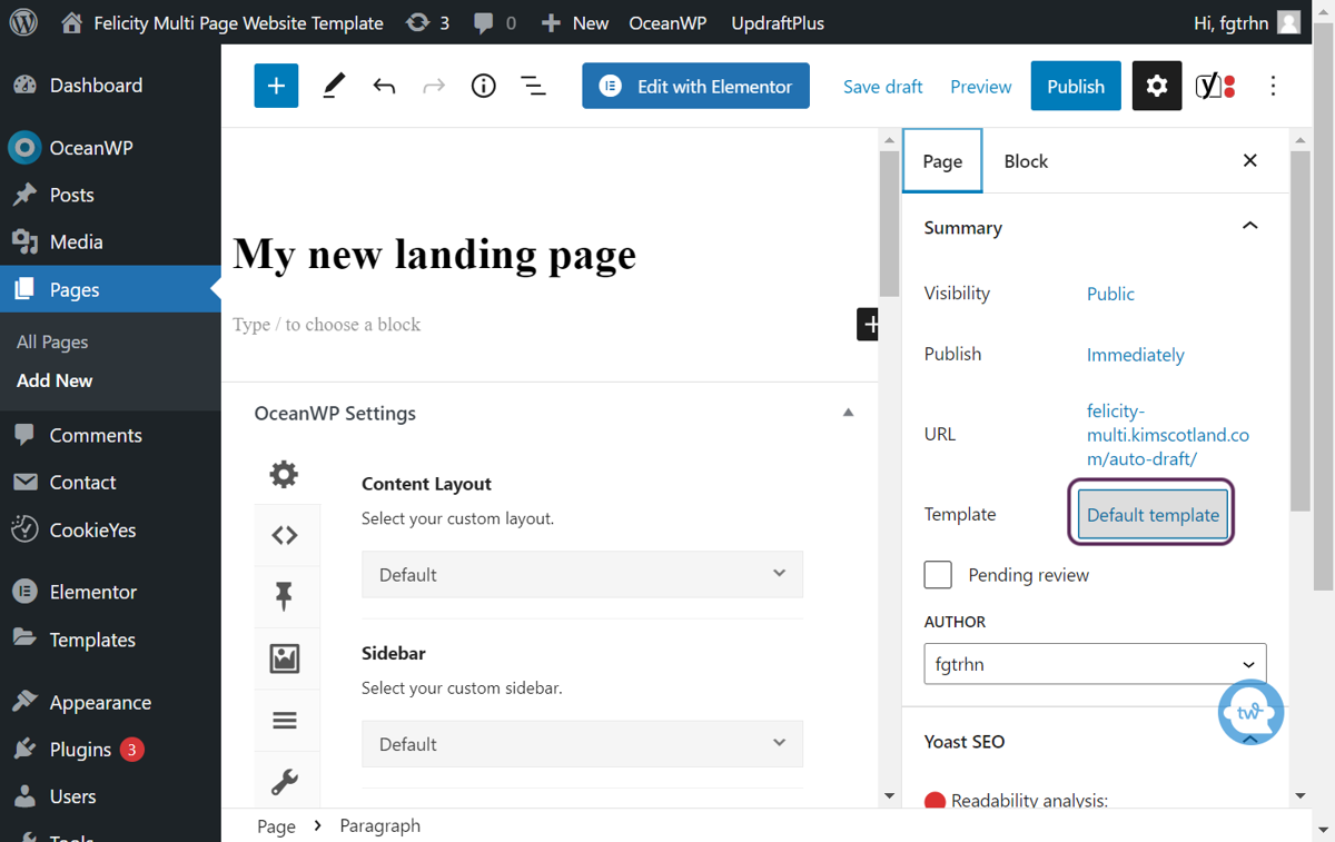 Screenshot of the user clicking the Template drop down list.
