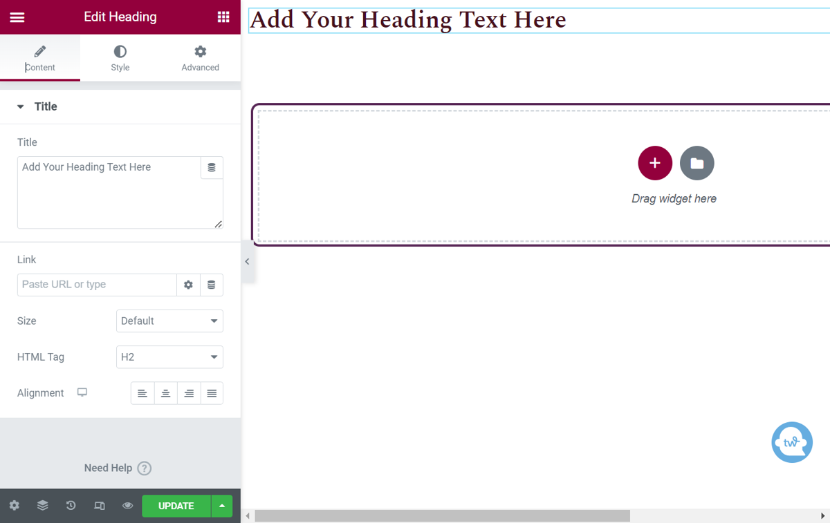 Screenshot of the elementor editor with a heading having been added to the screen.