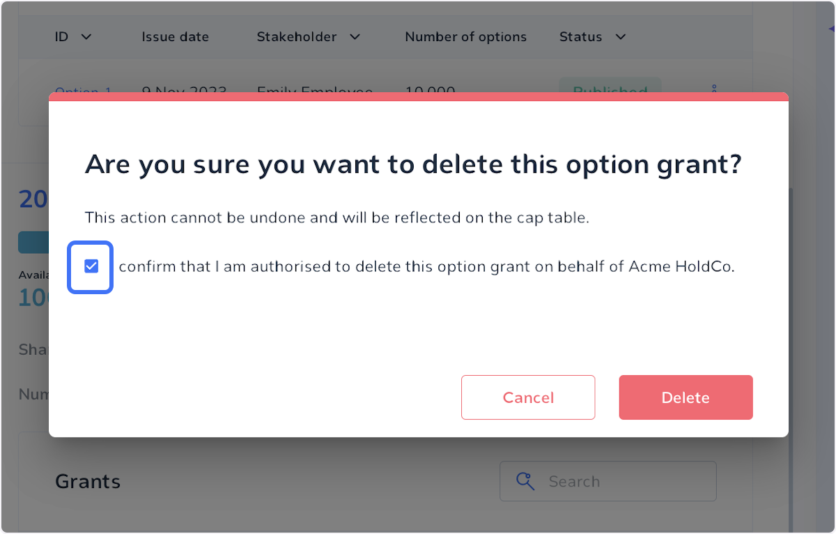 Confirm you would like to delete the option grant