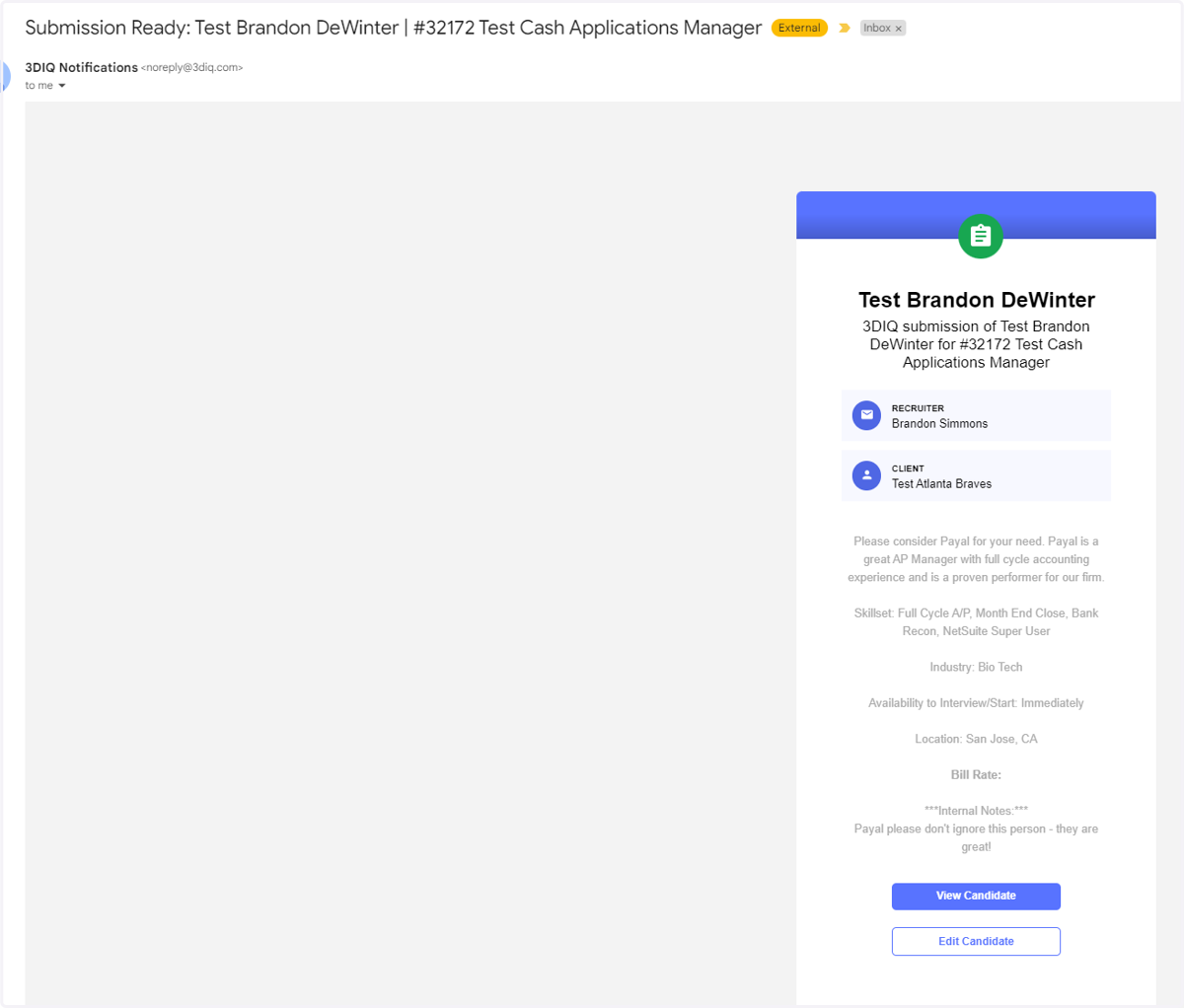 Sales: Account Manager Review of Candidate Submission Email