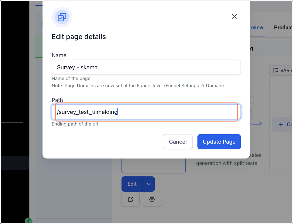 Indsæt den Step Url du havde kopieret fra Publishing, så Step Url er ens og klik på "Update Page"