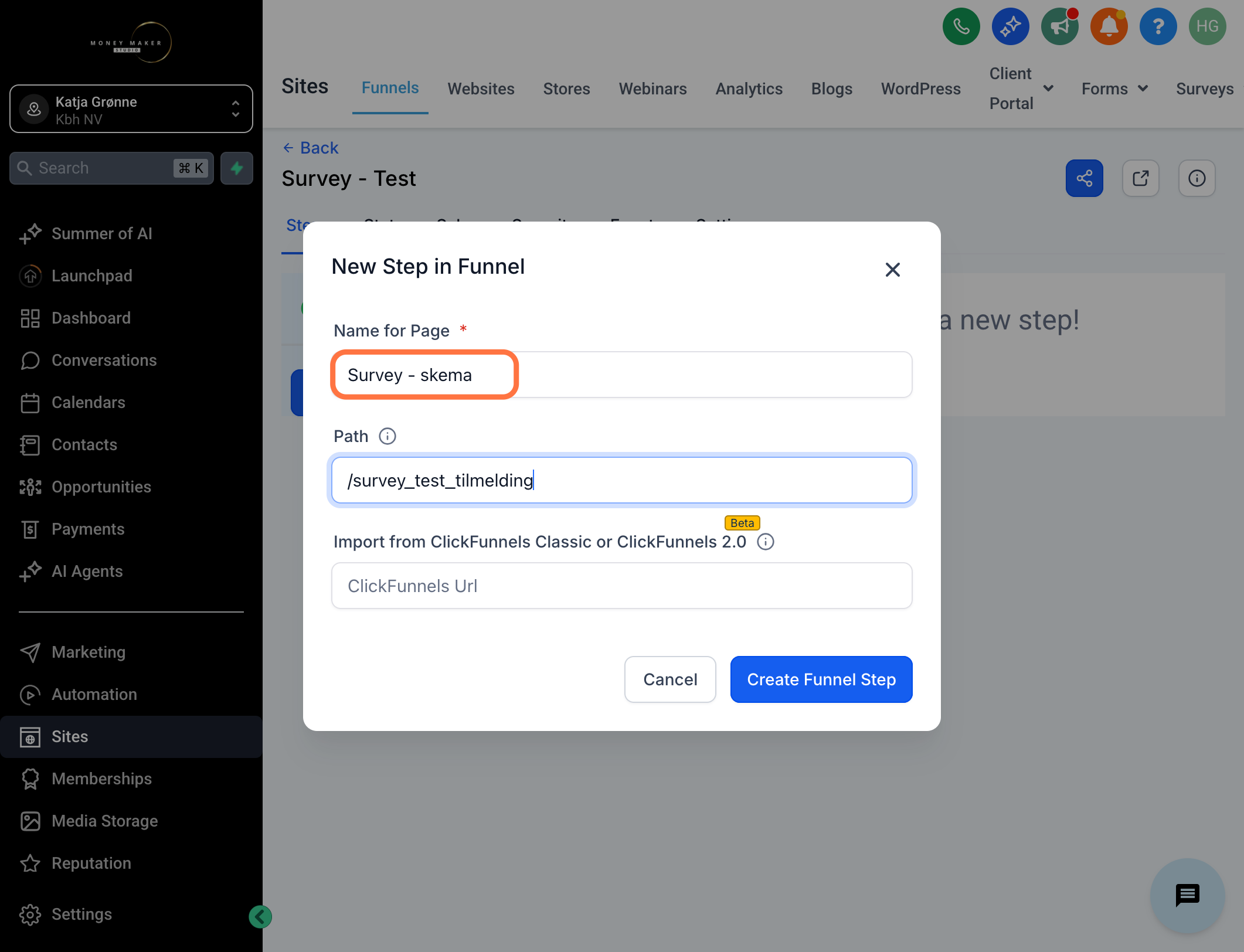 Giv siden et navn og en specifik URL og klik derefter på "Create Funnel Step"